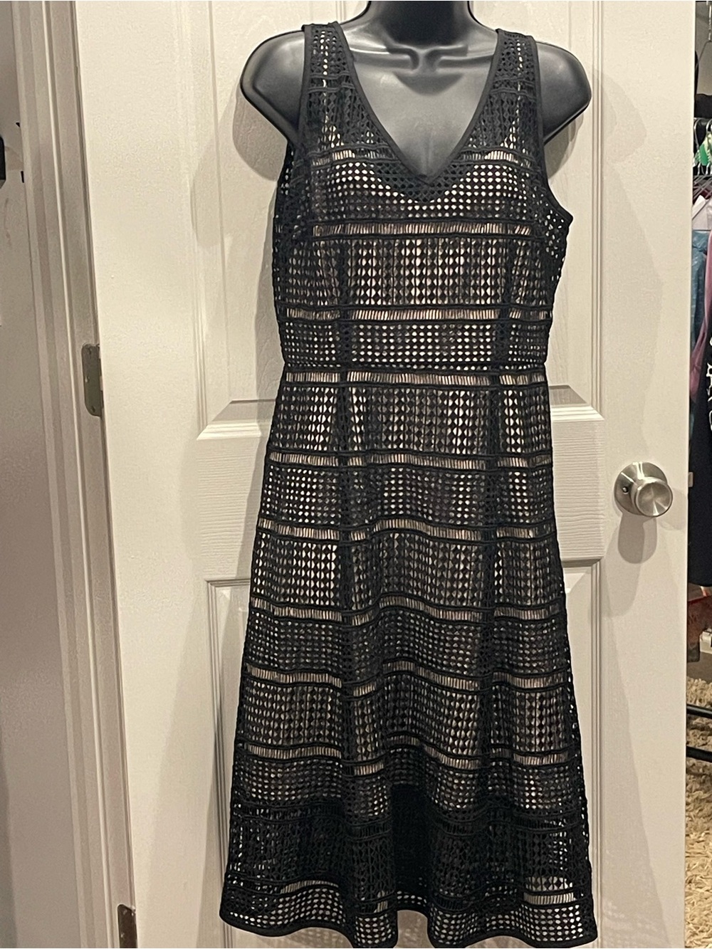 White House Black Market Black Crochet V-Neck A-Line Dress
